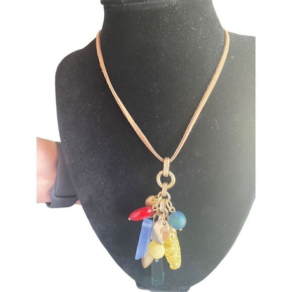 CHICO’S MULTI GEM AND ANTIQUE GOLD PENDANTS ON LONG TAN LEATHER CHAIN NECKLACE - Picture 1 of 8